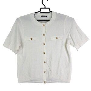 Womens White Pretty Garden Shirt Button Down Short Sleeve Viscose Blend Size L